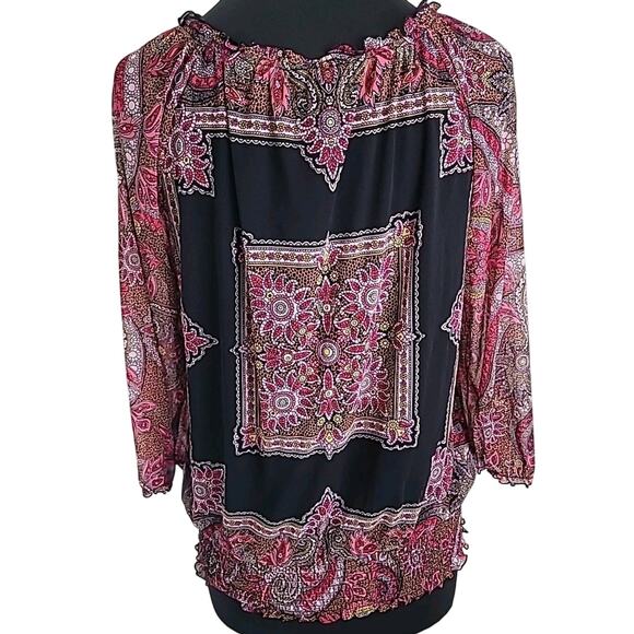 Boho Paisley Floral Puff Sleeve Blouse Pink Black Gypsy Romantic Top Sz L EUC - Picture 3 of 8